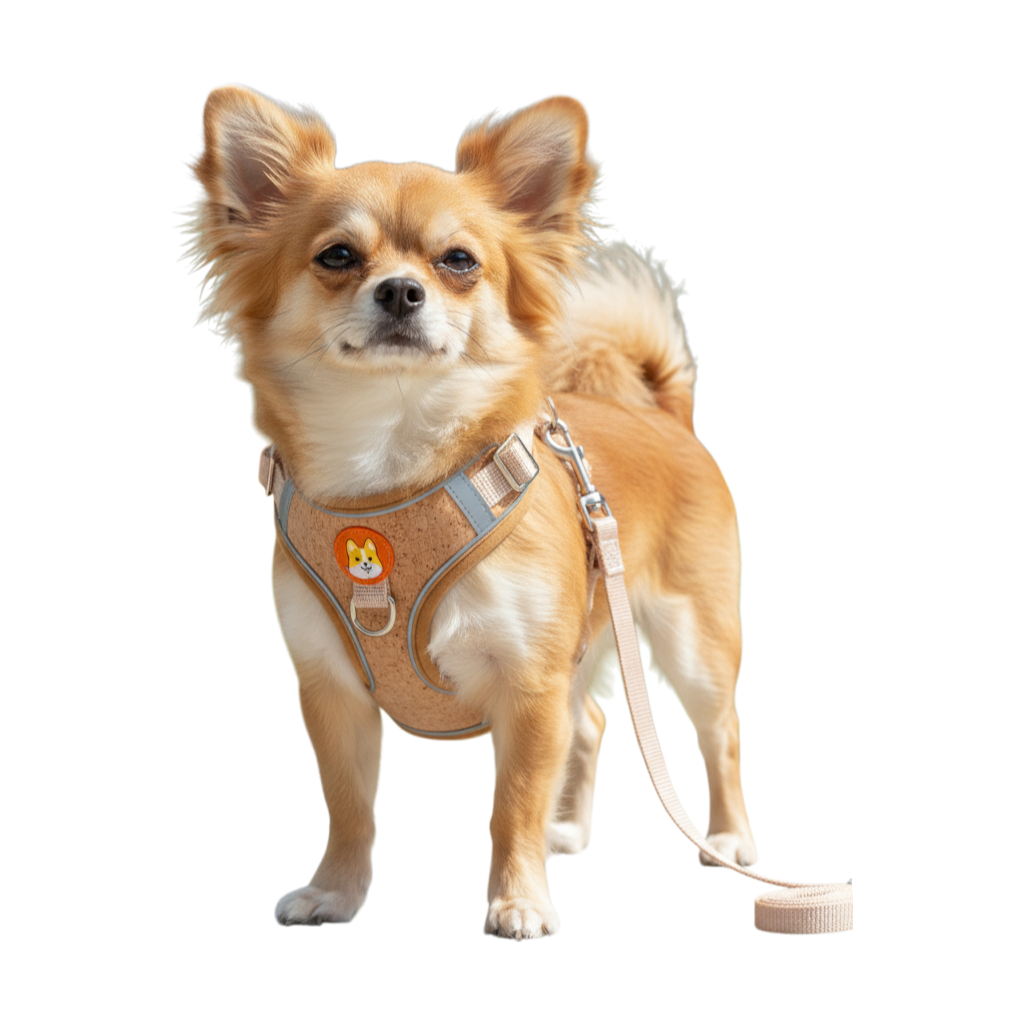 Pechera de corcho natural para perro con detalles reflectivos y anillas metálicas reforzadas