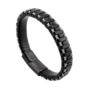 Pulsera de Cuero Negro con Encordado Metálico