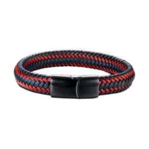 Pulsera de Cuero Negro con Trenzado Rojo