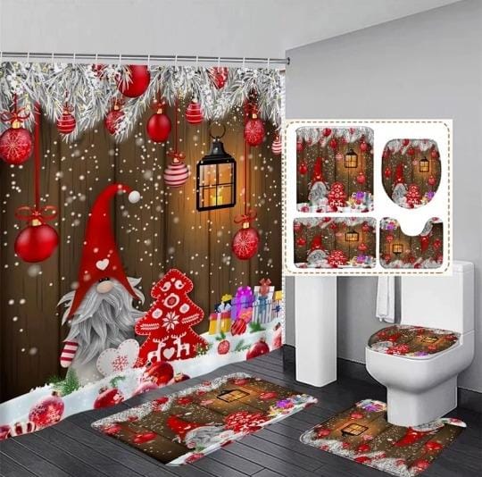 set navideño para baño rústico gnomo rojo con esferas y madera